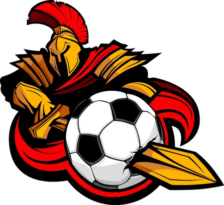 Greek Trojan or Roman Soldier Mascot holding a sword piercing a soccer ballのイラスト素材