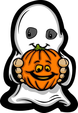 Cartoon Image of a Happy Halloween Ghost With Smiling Jack-O-Lanternのイラスト素材