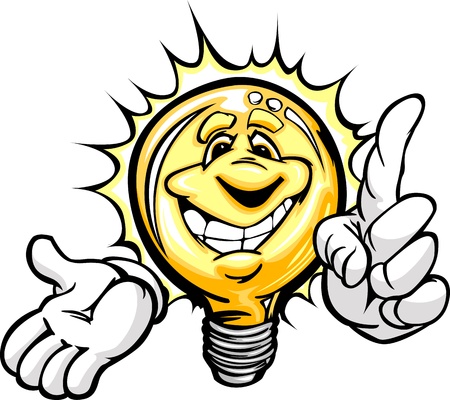 Cartoon Light Bulb with Smiling Face and Hands with Bright Idea or energy savingsのイラスト素材