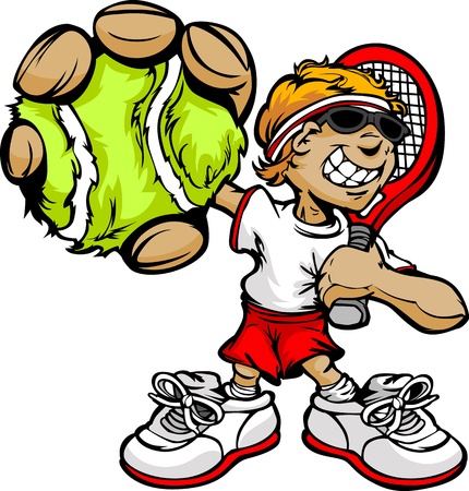 Tennis Boy Cartoon Player with Racket and Ball Vector Illustrationのイラスト素材