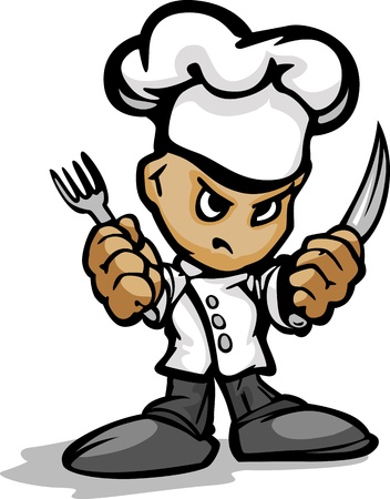 Restaurant Chef or Cook Mascot with Determined Face Wearing Chefs Hat and Holding Cooking Utinsils Cartoon  Imageのイラスト素材