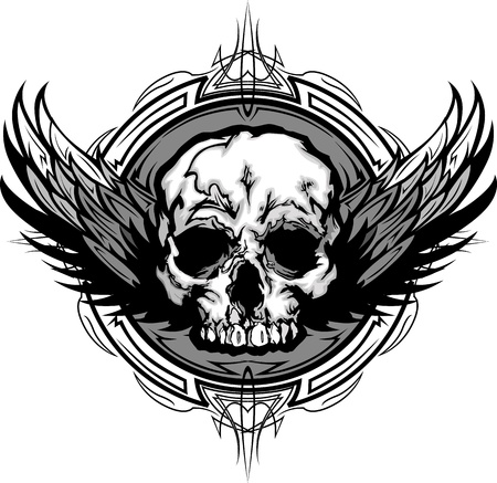 Graphic Winged Skull on Tribal Background Illustrationのイラスト素材