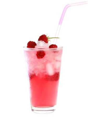 glass of refreshing raspberry cocktail with ice crumb isolated on a white background の写真素材