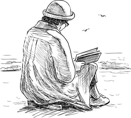 Elderly woman reads a book on the seashoreのイラスト素材