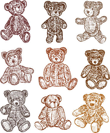 Sketches of the collection of the old plush bears.のイラスト素材