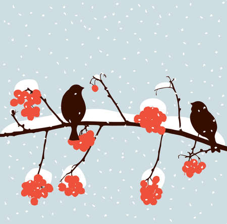 The birds on the rowan tree in decemberのイラスト素材