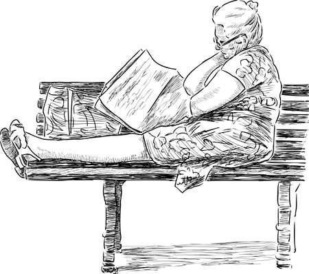 Old woman reads a new paper on a park bench.のイラスト素材
