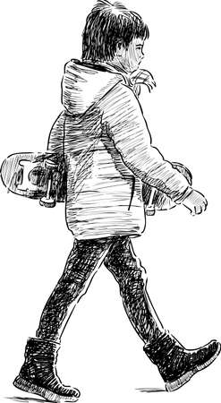 A boy walks with a skateboardのイラスト素材