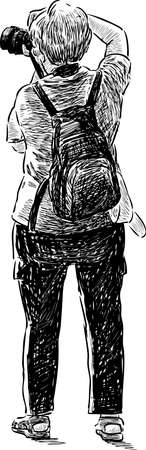 A tourist woman takes picture.のイラスト素材