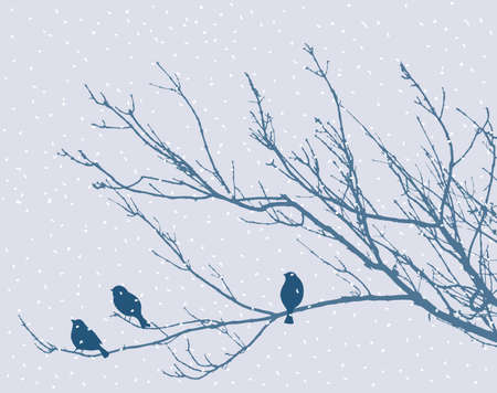 The birds on the tree branches in winter dayのイラスト素材