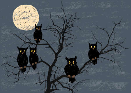 The owls on the tree in the moonlit nightのイラスト素材