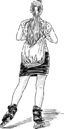 Teen girl is riding on the roller skatesのイラスト素材