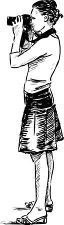 Sketch of a girl taking a pictureのイラスト素材