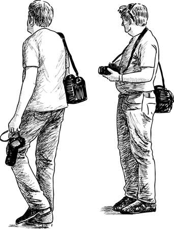Sketch of the tourists with the photo camerasのイラスト素材