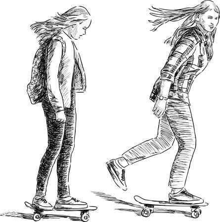 Sketches of the teens girls riding a skateboardsのイラスト素材