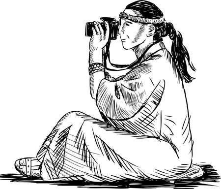 Tourist woman takes picture.のイラスト素材