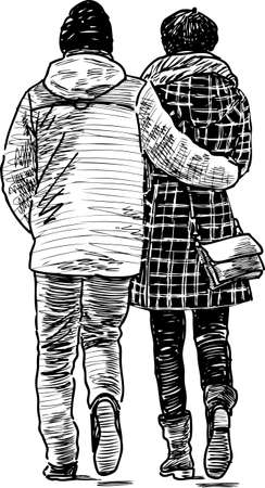 Sketch of the young loving townspeople on a walkのイラスト素材
