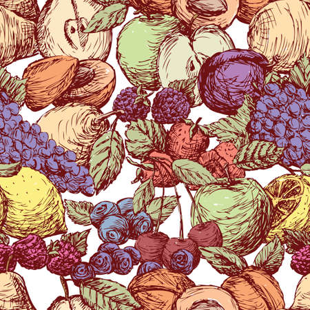 Seamless background of the various drawn fruitのイラスト素材