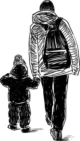 Sketch of a father with his son going on a strollのイラスト素材