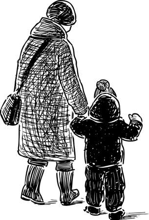 Sketch of a grandmother with her grandson going on a walkのイラスト素材