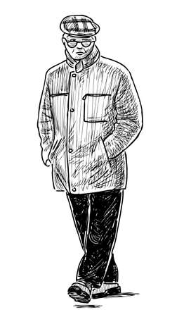 A sketch of an elderly city dweller going down the streetのイラスト素材