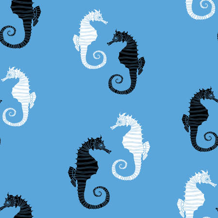 Seamless pattern of black and white decorative sea horsesのイラスト素材