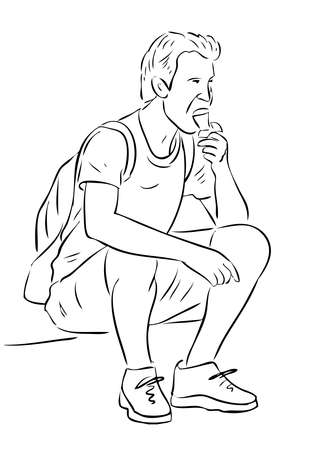 Vector outline drawing of a tourist sitting and eating ice cream during a walkのイラスト素材