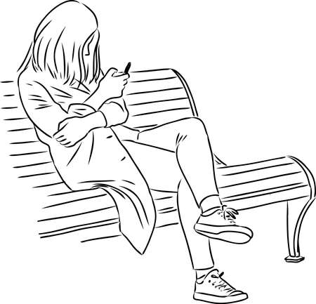 Vector outline drawing of young girl sitting on park bench with her mobile phoneのイラスト素材