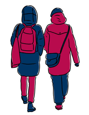 Vector drawing of casual townswomen walking along streetのイラスト素材