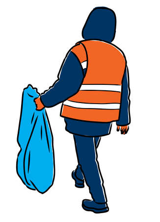 Vector drawing of cleaner with trash bag walking along streetのイラスト素材