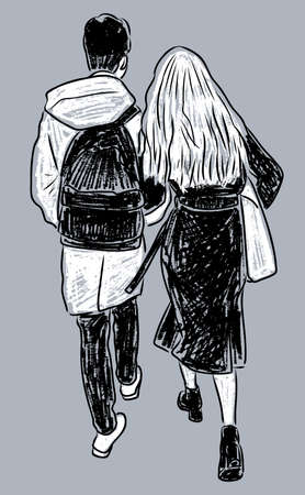 Vector image of couple young citizens walking down streetのイラスト素材