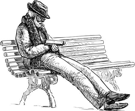 Sketch of elderly bearded man in hat sitting and reading book on park benchのイラスト素材
