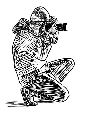 Sketch of photographer crouching and taking pictureのイラスト素材