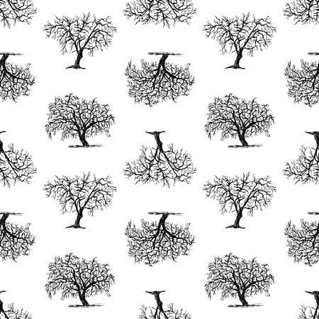 Seamless pattern of silhouettes drawn deciduous treesのイラスト素材