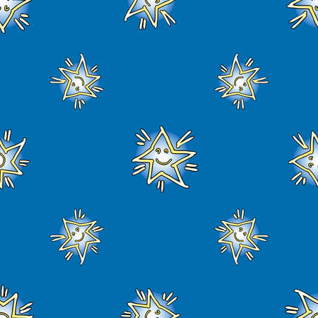 Seamless background of drawn cheerful stars in blue skyのイラスト素材