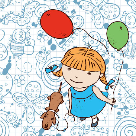Vector image of little girl with dog and balloons on background of funny doodles insectsのイラスト素材