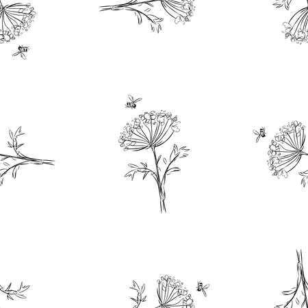 Seamless background of sketches umbrella flowers and flying beesのイラスト素材