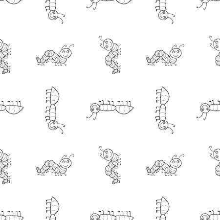 Seamless background of outline cartoon funny ants and caterpillarsのイラスト素材