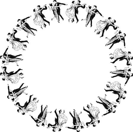 Decorative circle frame from drawn dancing vintage couplesのイラスト素材