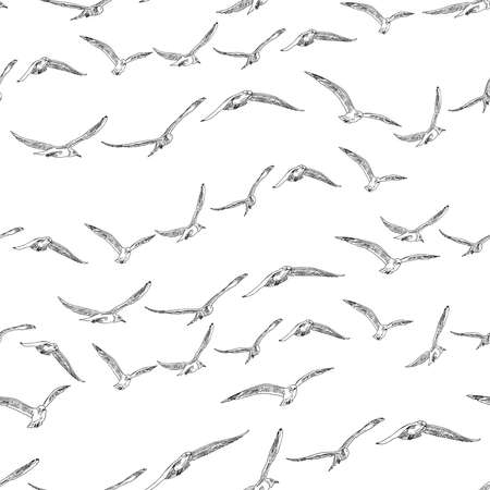 Seamless pattern from sketches of flying flock seagullsのイラスト素材
