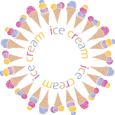 Decorative round design element from different waffle cones ice creamのイラスト素材