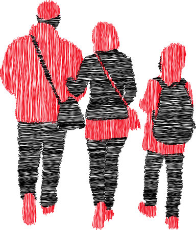 Vector scribble drawing of silhouettes family citizens walking outdoorsのイラスト素材