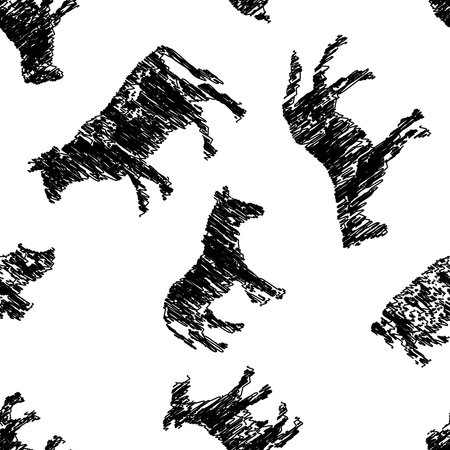 Seamless background of doodle drawings of profile silhouettes various farm animalsのイラスト素材