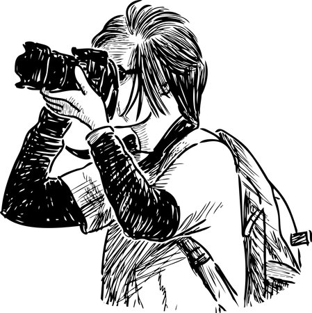 Sketch of woman tourist taking picture on her cameraのイラスト素材