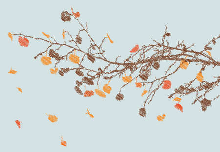 Vector scribble drawing of abstract deciduous tree branch with autumn falling leavesのイラスト素材