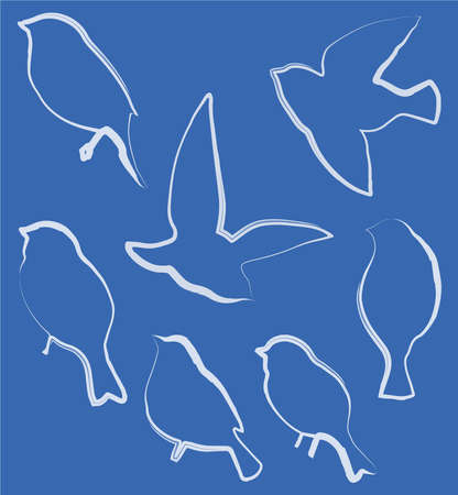 Vector contour textured brush drawing of set silhouettes abstract birdsのイラスト素材