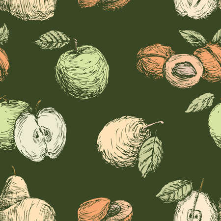 Seamless pattern of drawn apples, pears and peaches