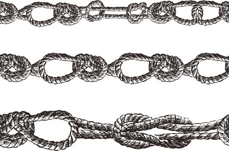Seamless borders of various drawn sea knots from rigging ropeのイラスト素材