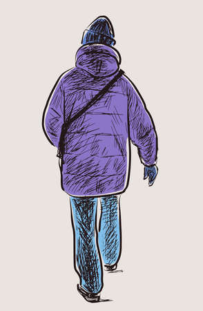Hand drawing of casual townsman in jacket walking outdoorsのイラスト素材