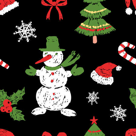Seamless pattern of drawn cartoon christmas symbols, snowman, fir tree, santa hat, holly, candy caneのイラスト素材